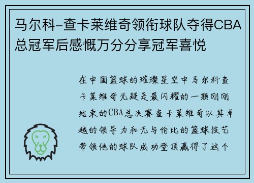 马尔科-查卡莱维奇领衔球队夺得CBA总冠军后感慨万分分享冠军喜悦